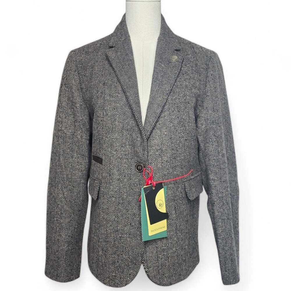 TRUCLOTHING 1920s Tweed Blazer Herringbone Wool Blend Equestrian Preppy UK 12‎